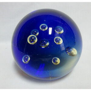 VTG Cobalt Blue and Clear Glass Control Bubble Paperweight 3.5"